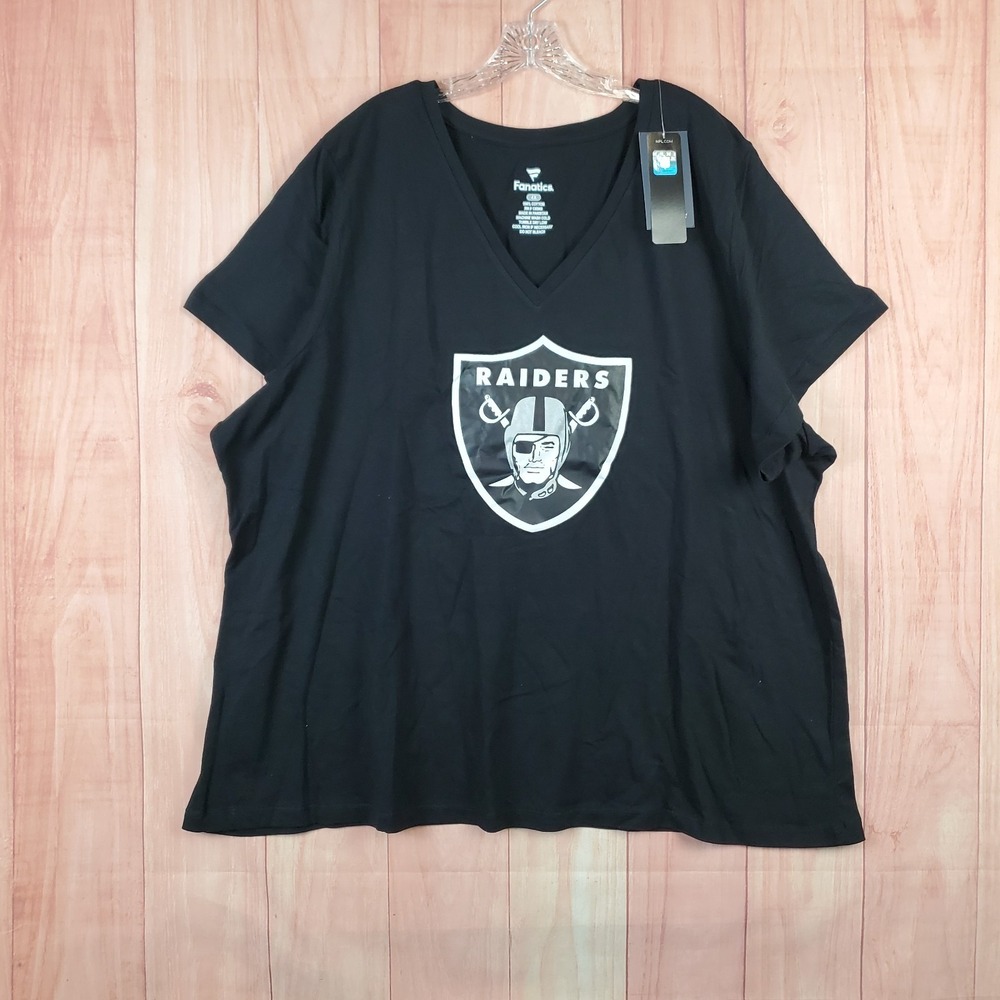 Fanatics Womens Shirt 4X Black Raiders 100% Cotton V-Neck Short Sleeve Pullover‎